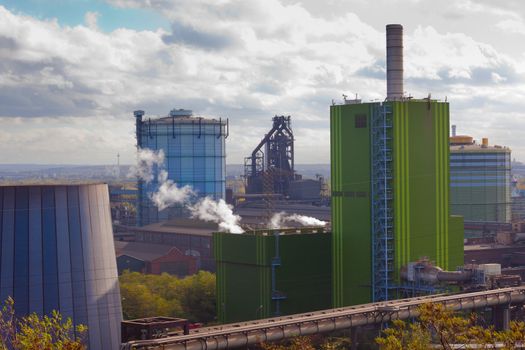 Industrial landscape of steel works industry in Duisburg, Ruhr area, Germany, Europe