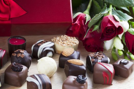 Valentines day roses and chocolates.