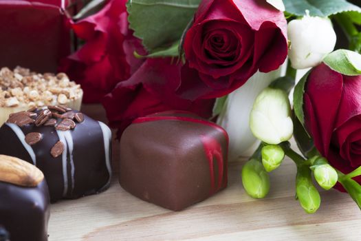 Valentines day roses and chocolates.