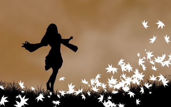 Autumn concept illustration. Female silhouette walking on the meadow. Copy-space.