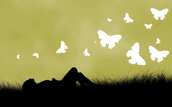 Summer concept illustration. Female silhouette lying on the grass. Plenty of copy-space.