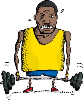 African man struggling to lift barbell up