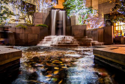 waterfall in downtown charlotte during christmas time
