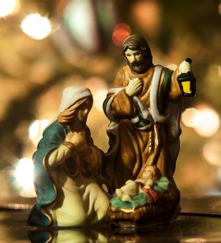 Holy Family closeup, Joseph, Virgin Mary and Baby Jesus figurine