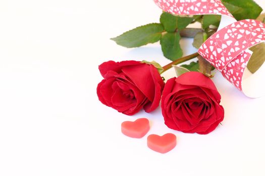 Red rose with red heart on white background