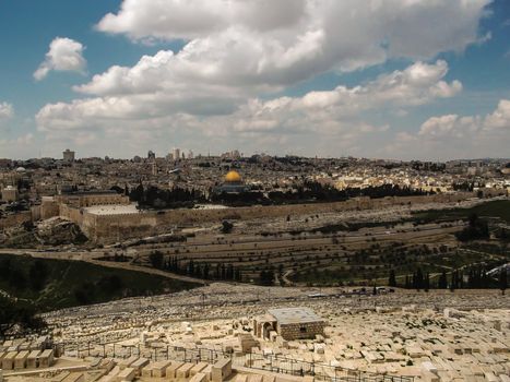 Panorama of the Temple Mount, including Al-Aqsa Mosque, and Dome of the Rock, from the Mount of Olives