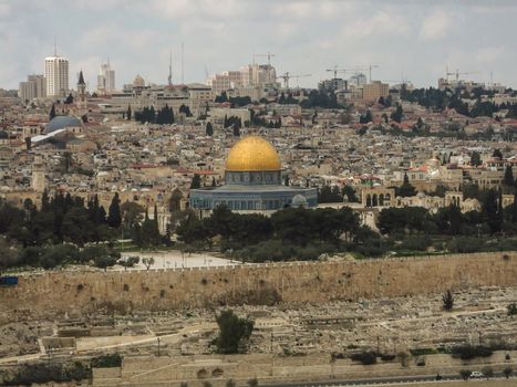 Panorama of the Temple Mount, including Al-Aqsa Mosque, and Dome of the Rock, from the Mount of Olives