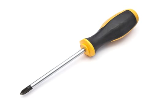 Yellow screwdriver and screws isolated on white background 
