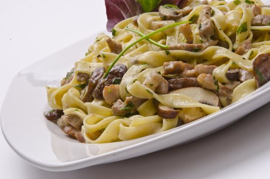 Tagliatelle with tail steak stripe and champignons