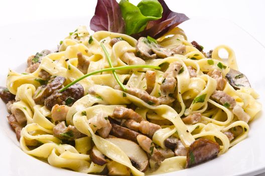 Tagliatelle with tail steak stripe and champignons