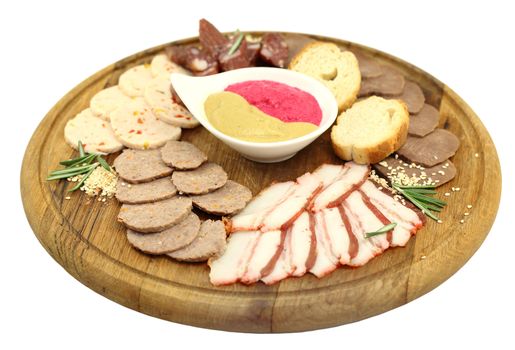 a plate of sausage and bacon on white background