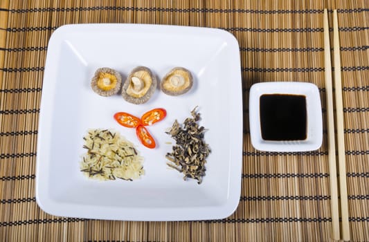 Rice and mushroom and Shiitake has young zwibel on plate with Mu Err