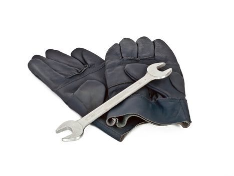 work leather gloves and wrench