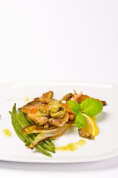 Roasted Dorade with seafood and French beans