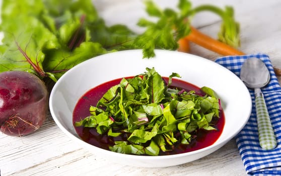 Vegetable soup from young, fresh sheets of the beetroot