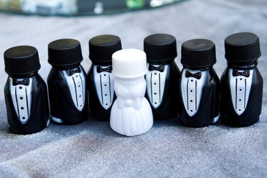 These party favors are containers of bubbles at a wedding. The photographs here represent the bridal party lined up together.