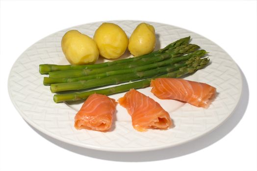 a plate with asparagus, salmon and potatoes isolated on a white background
