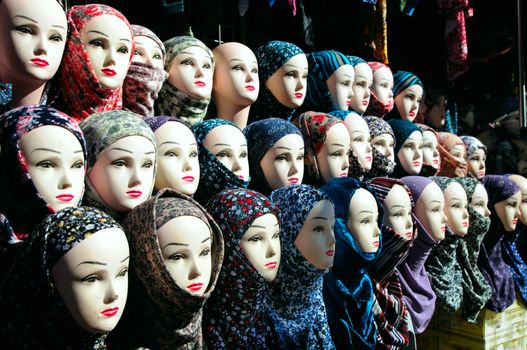 Closeup of the female mannequin heads in hijab