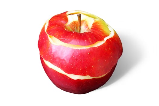 A peeled apple macro with shadow and white background