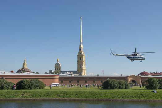  Helicopter take-off in the Peter and Paul Fortress in Sankt Petersburg, Russia. August 2012.