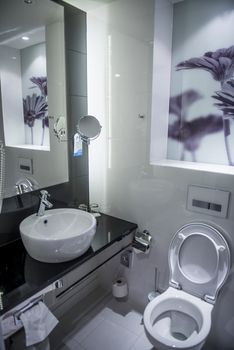 Toilet room in hotel.  Interior design is in black white tones.