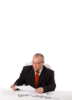 businessman sitting at desk with copy space, isolated on white