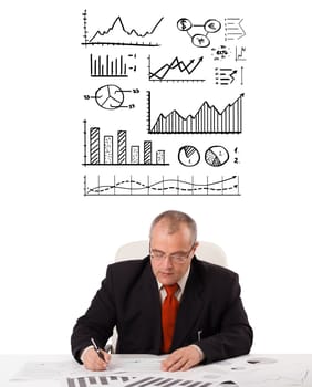 businessman sitting at desk with statistics and graphs, isolated on white