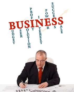 businessman sitting at desk with word cloud, isolated on white