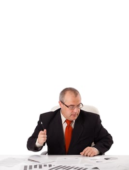 businessman sitting at desk with copy space, isolated on white