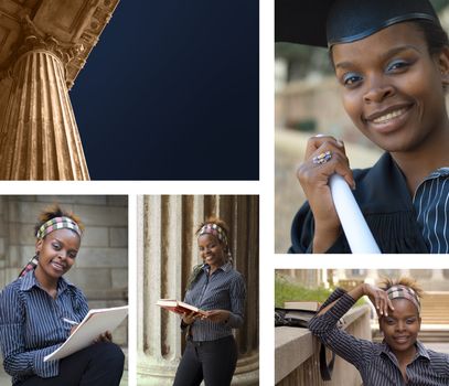 Collage combination classic greek style university college education building and African American student graduating