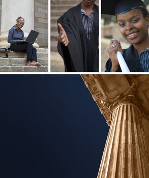 Collage of classic greek style university college eduction, law court or politics building pillar with African American graduate