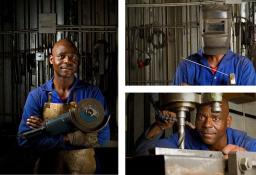 South African or American black workers or welders in factory
