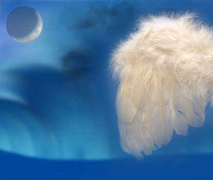 Angels feather wing on sky blue background with slight halo blur for effect and moon with northern lights heaven concept