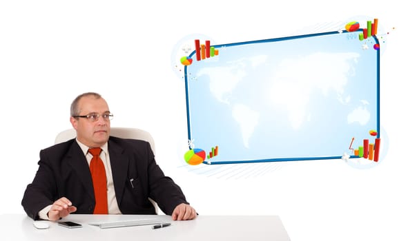 Businessman sitting at desk with copy space, isolated on white