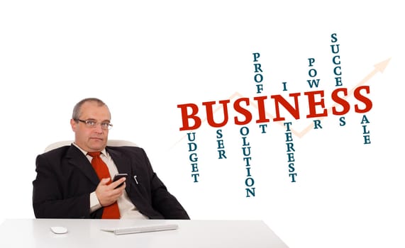 businessman sitting at desk and holding a mobilephone with business word cloud, isolated on white
