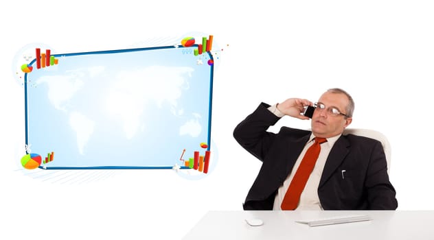 businessman sitting at desk and making a phone call with copy space, isolated on white