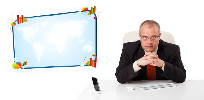 Businessman sitting at desk with copy space, isolated on white