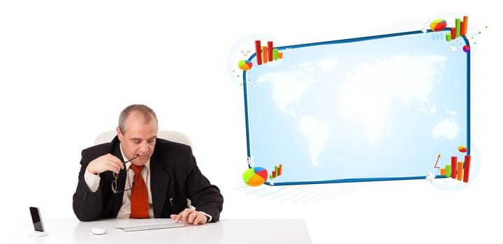 Businessman sitting at desk with copy space, isolated on white