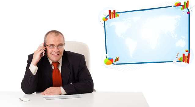 businessman sitting at desk and making a phone call with copy space, isolated on white