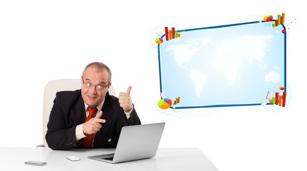 businessman sitting at desk and looking the laptop with copy space, isolated on white