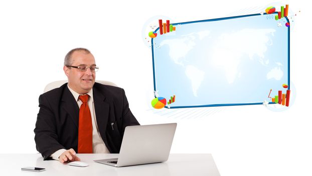 businessman sitting at desk and looking the laptop with copy space, isolated on white