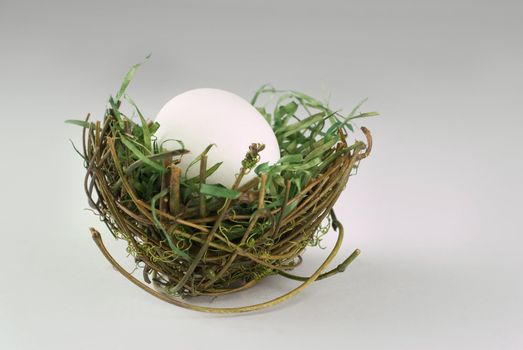 Single white easter egg in birds nest on grey background