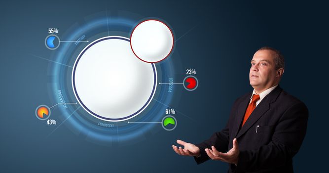 businessman in suit presenting abstract modern pie chart with copy space