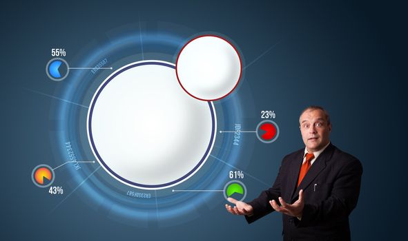 businessman in suit presenting abstract modern pie chart with copy space