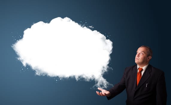 businessman in suit presenting abstract cloud copy space