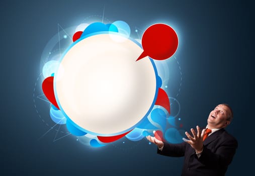 funny businessman in suit presenting abstract modern speech bubble copy space