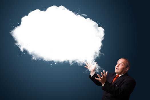 Crazy businessman in suit presenting abstract cloud copy space