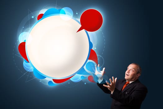 funny businessman in suit presenting abstract modern speech bubble copy space