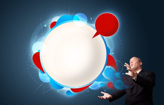 funny businessman in suit presenting abstract modern speech bubble copy space