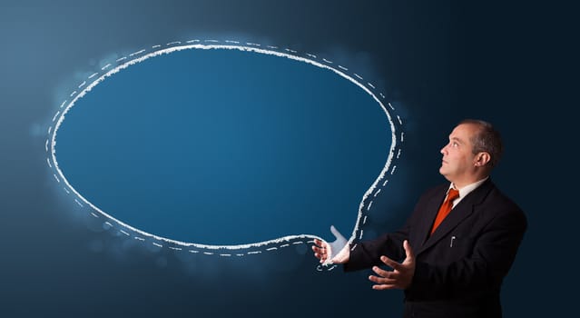 businessman in suit presenting speech bubble copy space